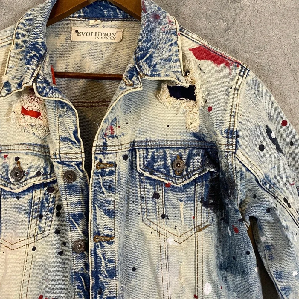 Evolution‎ In Design Denim Jacket Kids XL 18-20 Blue Paint Splatter Distressed